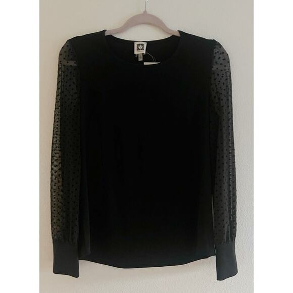 NWT Anne Klein Polka Dot Sheer Sleeves Black Blouse Small - Picture 1 of 10